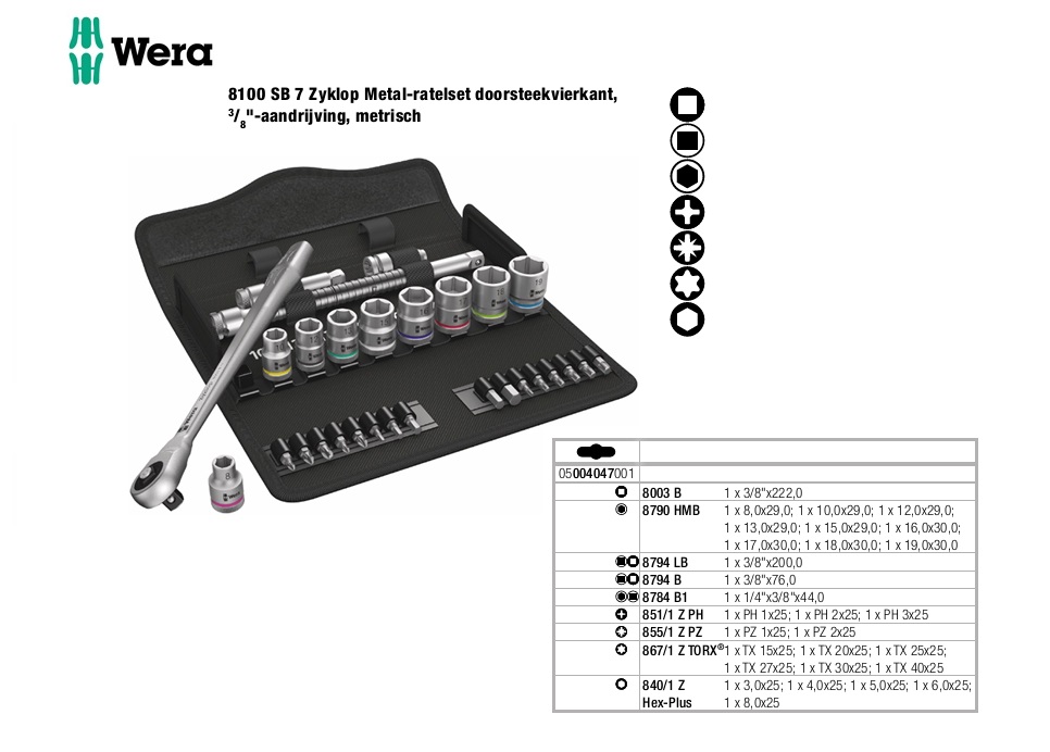 Wera 8100 SB 7 Dopsleutelset 29delig ZYKLOP push 3/8”