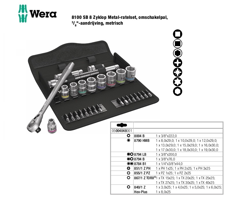 Wera 8100 SB 8 Dopsleutelset 29delig ZYKLOP switch 3/8”