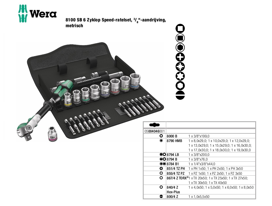 Wera 8100 SB 6 Dopsleutelset 29delig ZYKLOP speed 3/8”