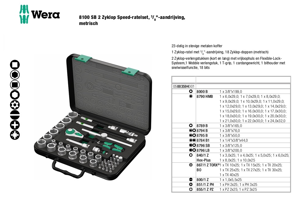 Wera 8100 SB 2 Dopsleutelset 43delig ZYKLOP speed 3/8”