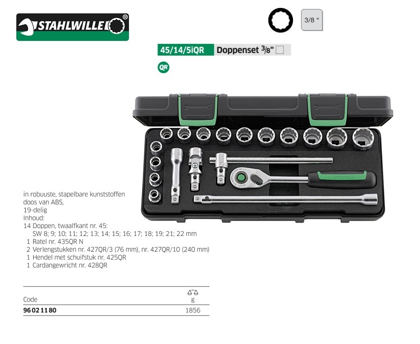 Stahlwille 45/14/5IQR Dopsleutelset 19 delig 3/8