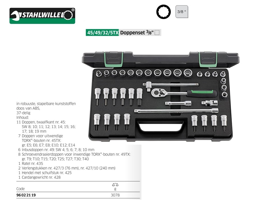 Stahlwille 45/49/32/5TX Dopsleutelset 37 delig 3/8