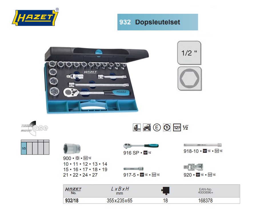 Hazet 932/18 Dopsleutelset 1/2