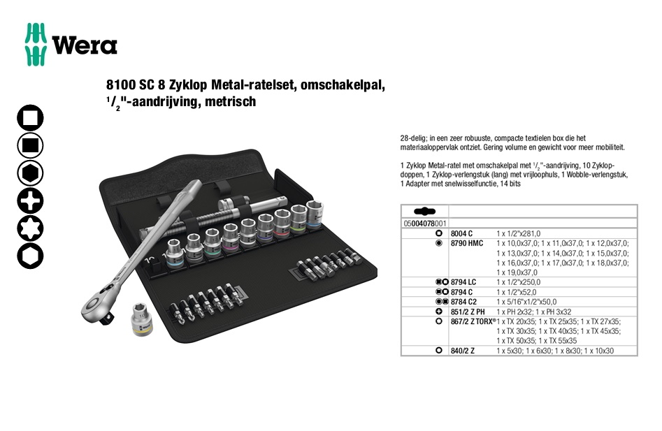 Wera 8100 SC 8 Dopsleutelset 28delig. ZYKLOP switch