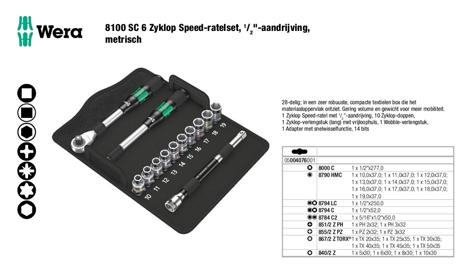 Wera 8100 SC 6 Dopsleutelset 28delig. ZYKLOP speed