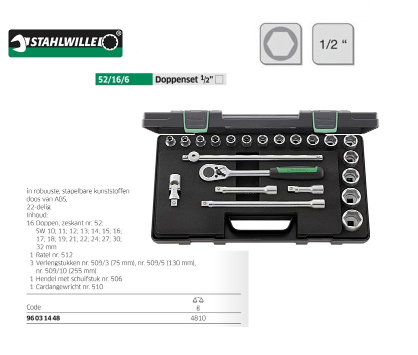 Stahlwille 52/16/6 Dopsleutelset 22 delig 1/2