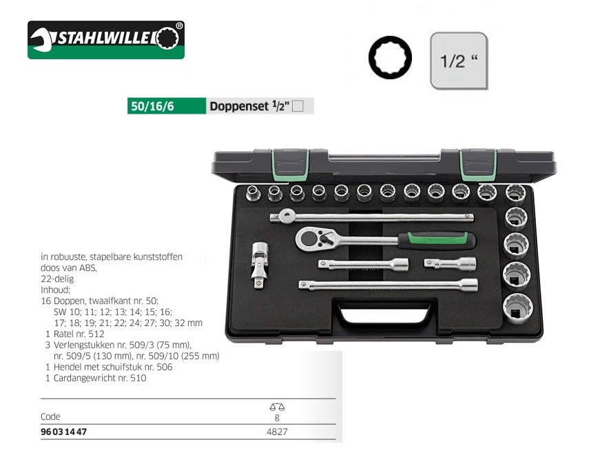 Stahlwille 50/16/6 Dopsleutelset 22 delig 1/2