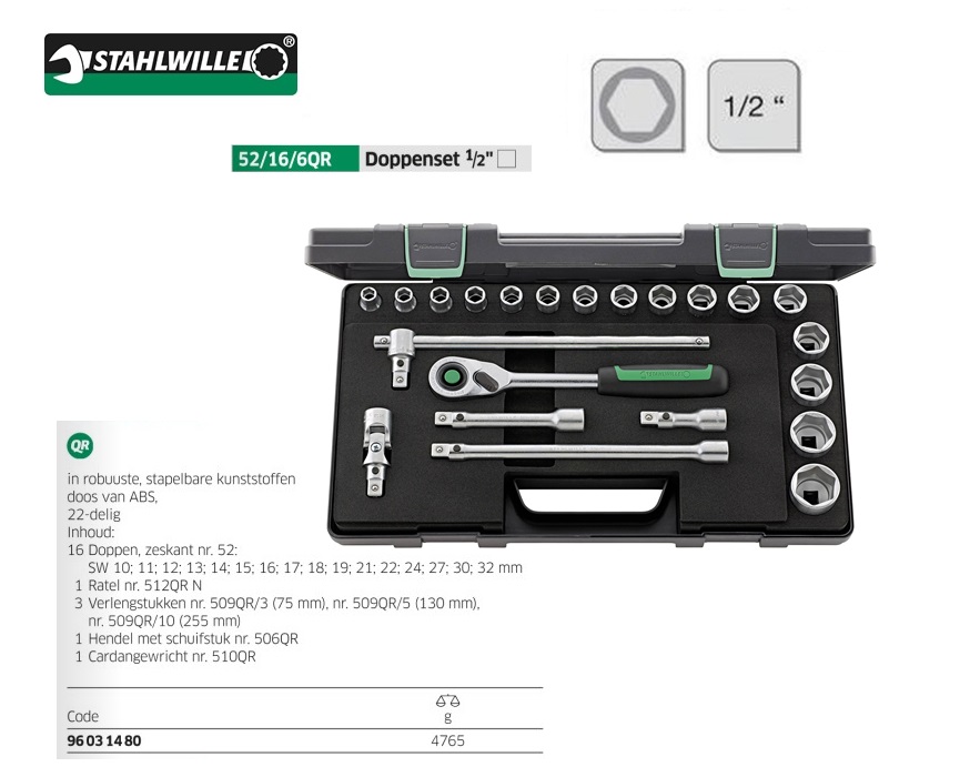 Stahlwille 52/16/6 QR Dopsleutelset 22 delig 1/2