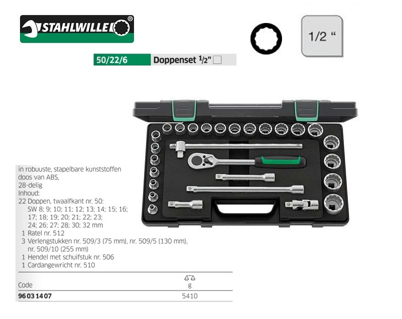 Stahlwille 50/22/6 Dopsleutelset 28 delig 1/2