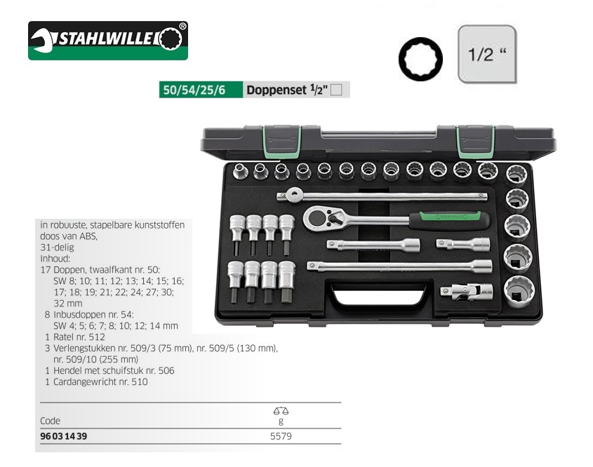 Stahlwille 50/54/25/6 Dopsleutelset 31 delig 1/2