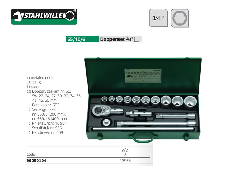 Stahlwille 55/10/6 Dopsleutelset 16 delig 3/4