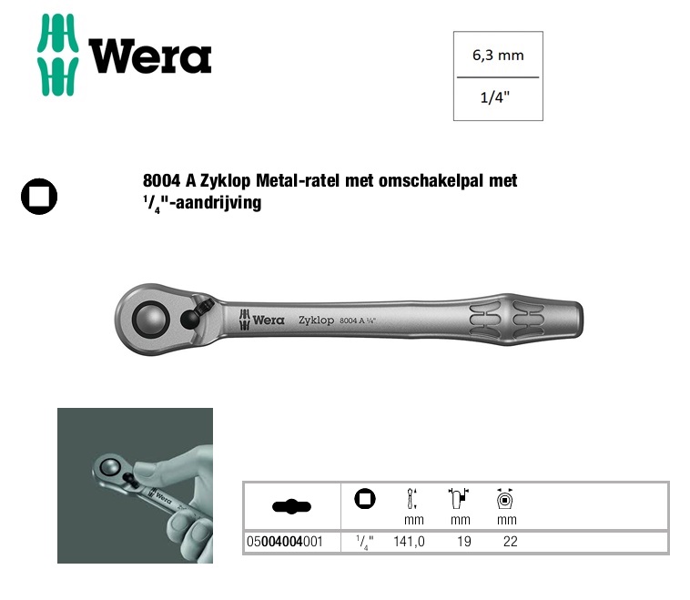 Wera 8004 A Zyklop Metal-ratel met omschakelpal 1/4