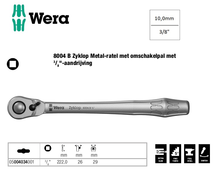 Wera 8004 B Zyklop Metal-Omschakelbare ratel 3/8