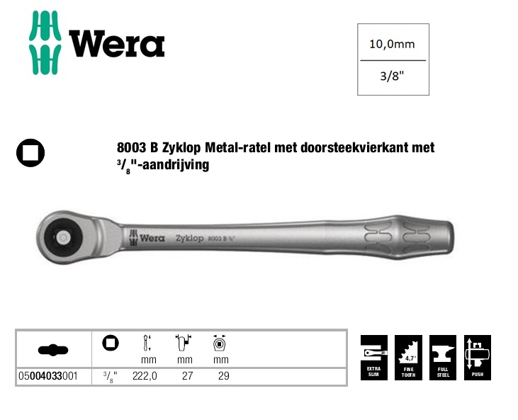 Wera 8003 B Zyklop Metal-ratel met doorsteekvierkant met 3/8