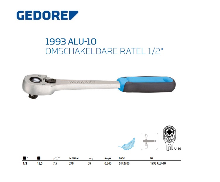 Gedore 1993 ALU-10 Aluminium Omschakelbare ratel 1/2