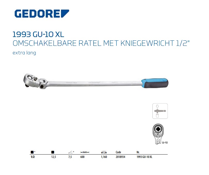 Gedore 1993 GU-10 XL Omschakelbare ratel met kniegewricht 1/2