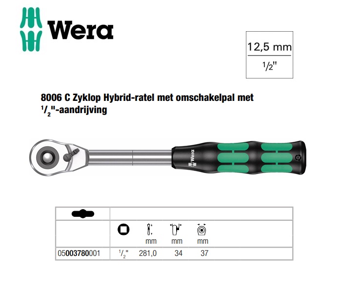 Wera 8006 C Zyklop Hybrid-ratel met omschakelpal met 1/2