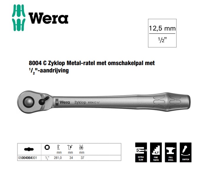 Wera 8004 C Zyklop Metal-ratel met omschakelpal met 1/2