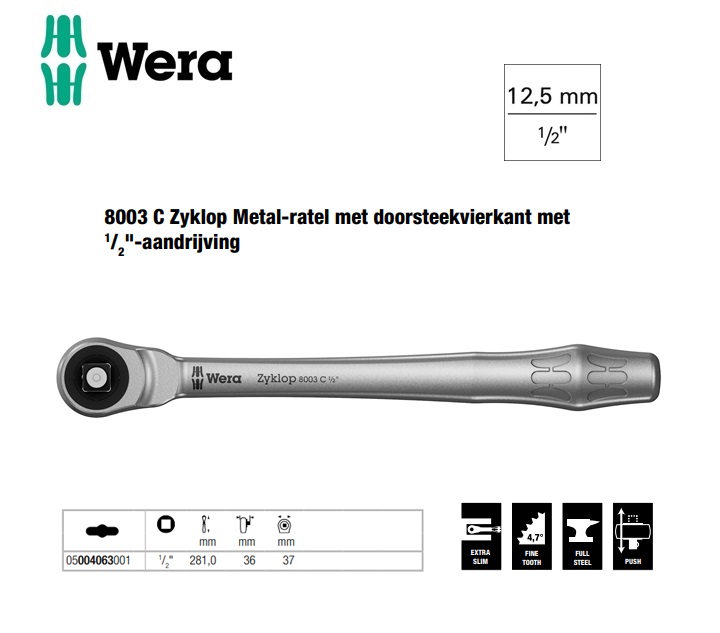 Wera 8003 C Zyklop Metal-ratel doorsteekvierkant 1/2