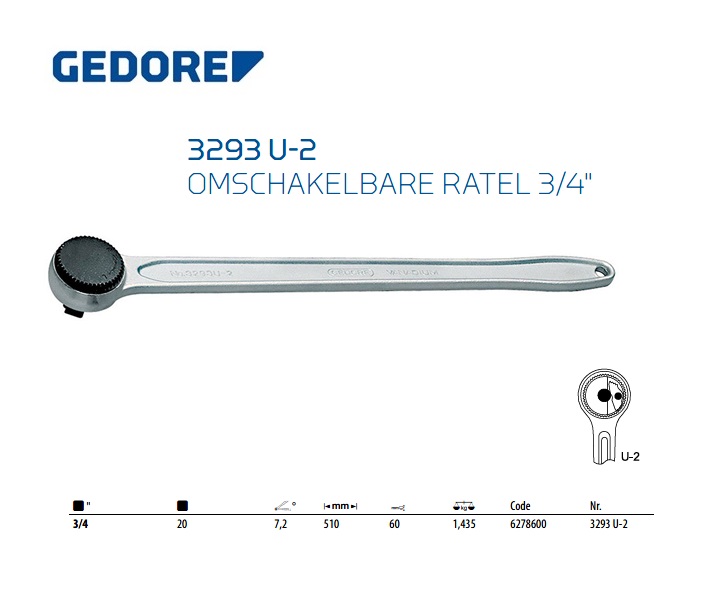 Gedore 3293 U-2 Omschakelbare ratel 3/4