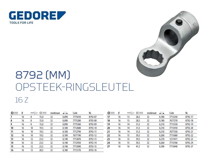 Opsteek-ringsleutel 16 Z, 7 mm