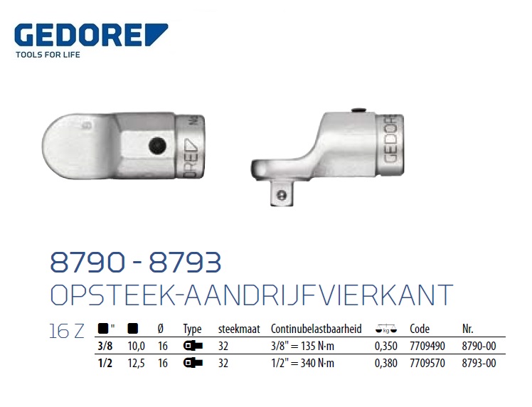 Opsteek-aandrijfvierkant 16 Z - 3/8