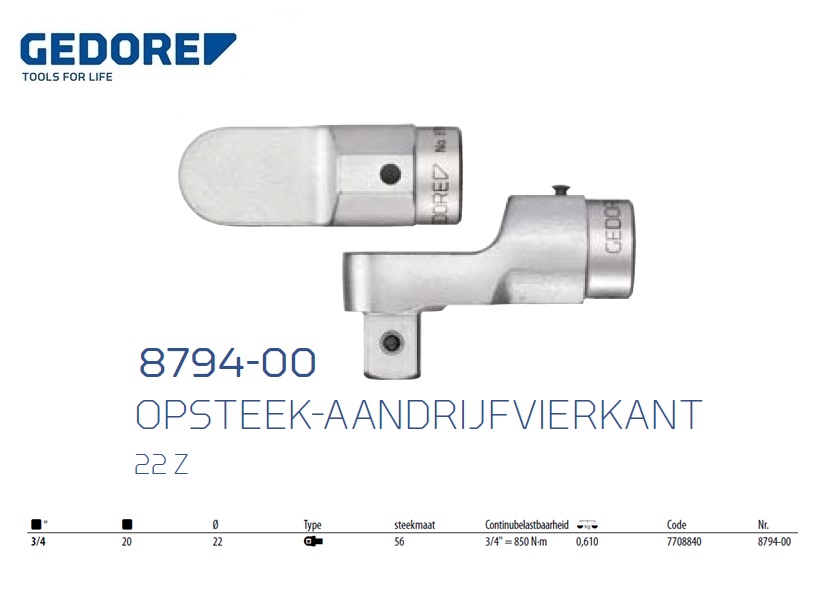 Opsteek-aandrijfvierkant 22 Z - 3/4