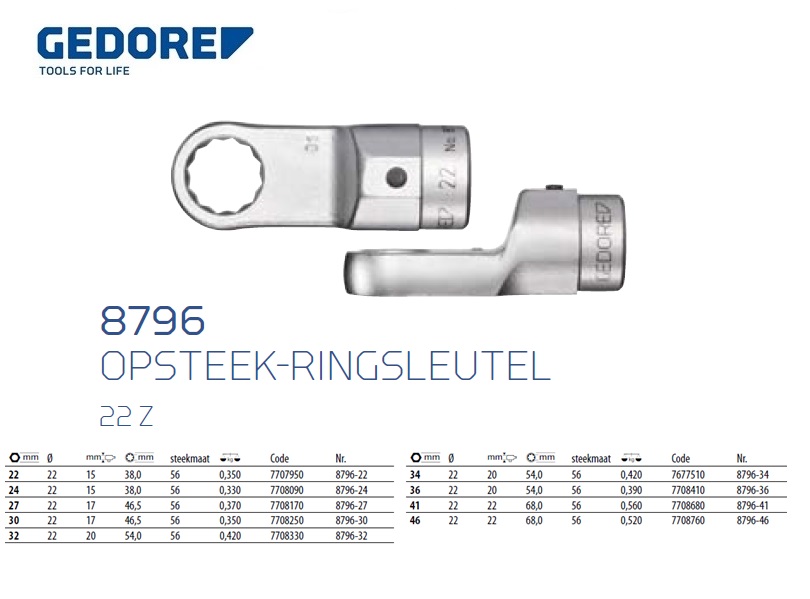 Opsteek-ringsleutel 22 Z, 22 mm