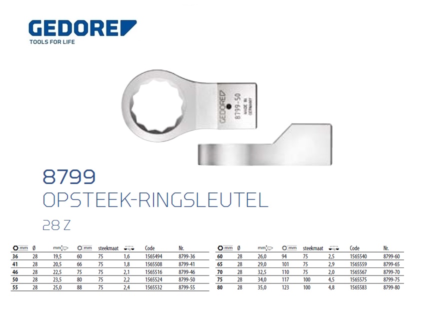 Opsteek-ringsleutel 28 Z, 80 mm 
			Gedore 1565583