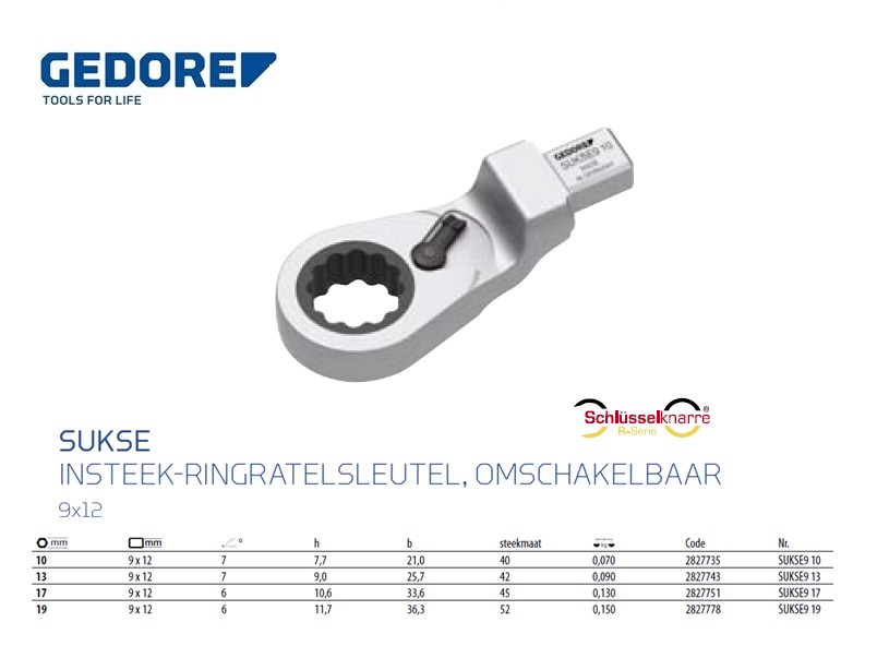 Insteek-ringratelsleutel, omschakelbaar SE 9x12, 10 mm