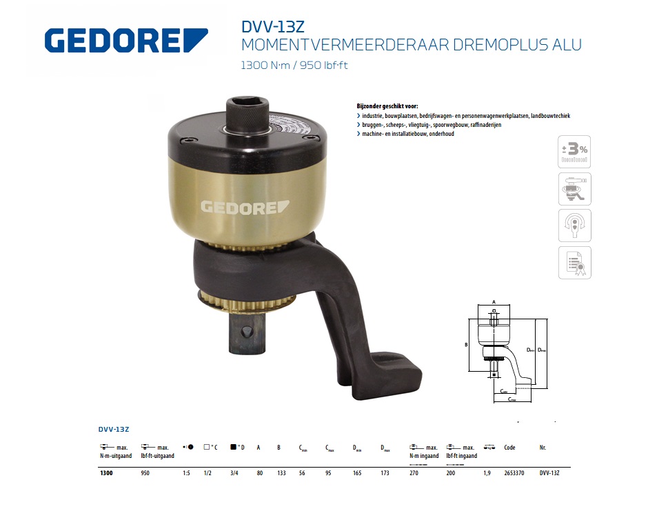 Gedore DVV-13Z momentvermeerderaar dremoplus alu 1300 nm