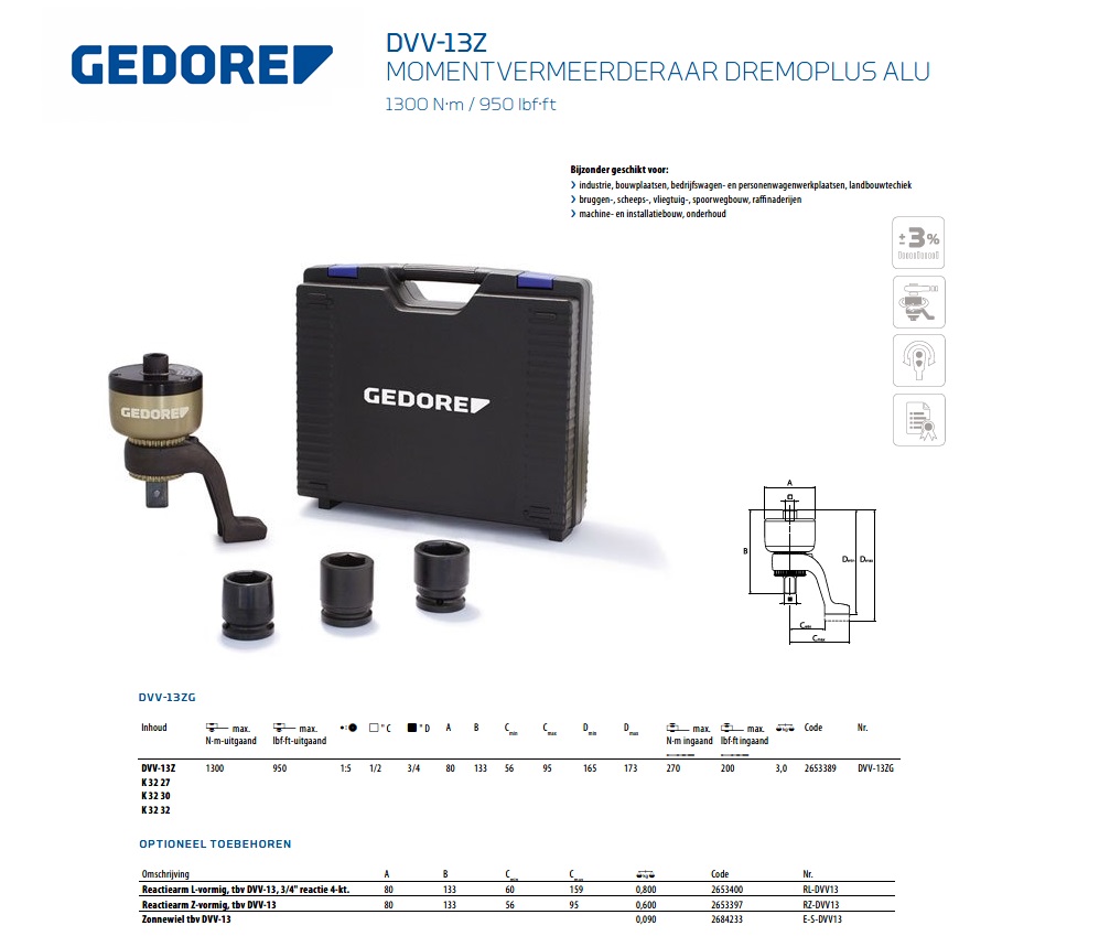 Gedore DVV-13ZG Momentvermeerderaar set DREMOPLUS ALU 1300 Nm