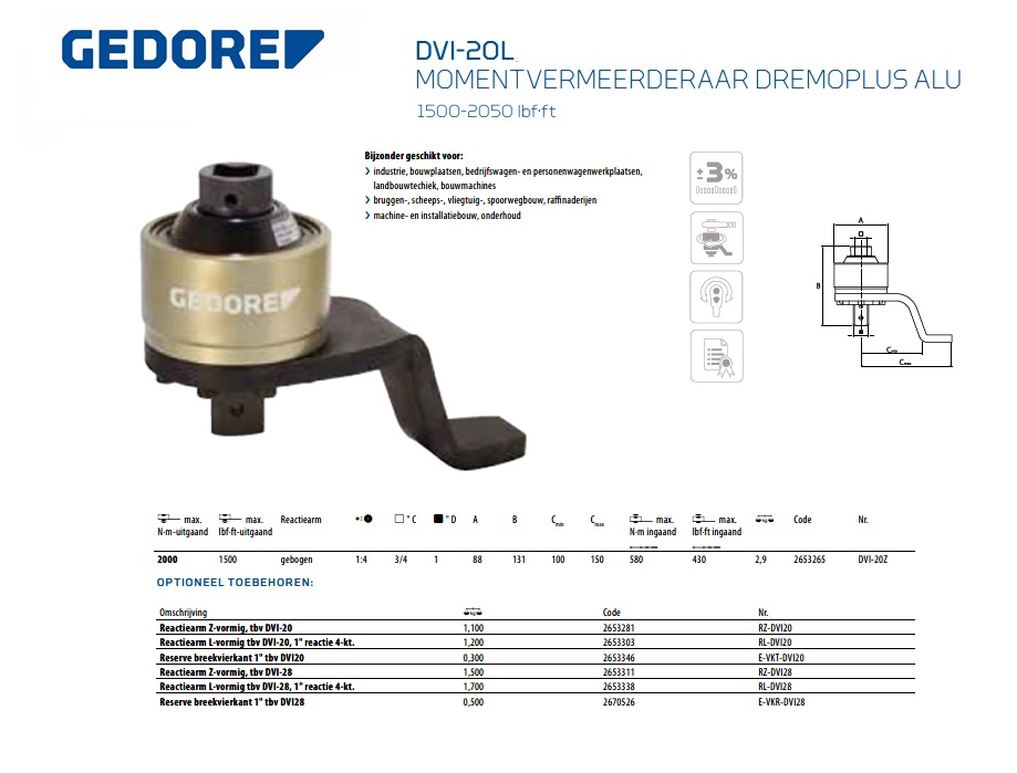 Gedore DVI-20Z Momentvermeerderaar DREMOPLUS ALU 2000 Nm