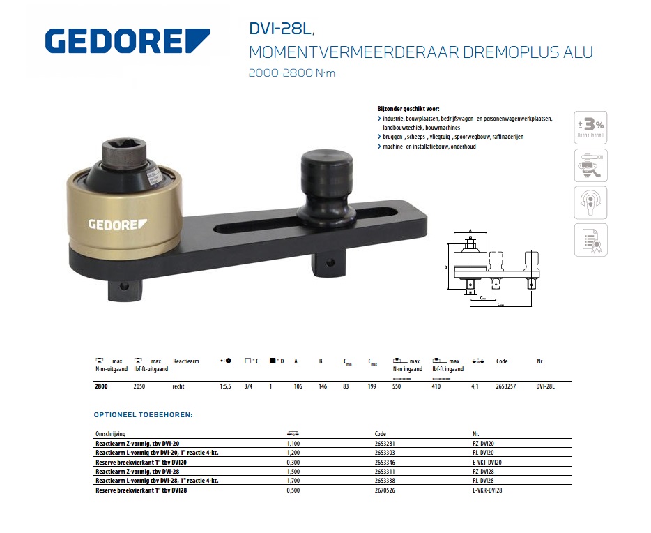 Gedore DVI-28L Momentvermeerderaar DREMOPLUS ALU 2800 Nm