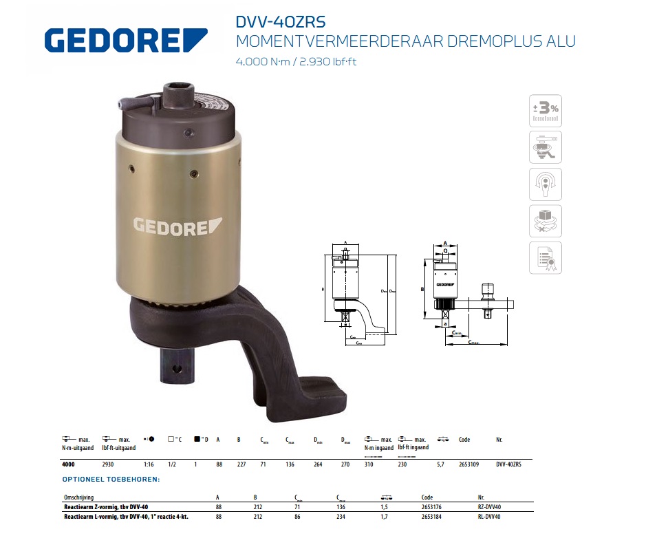 Gedore DVV-40ZRS Momentvermeerderaar DREMOPLUS ALU 4000 Nm