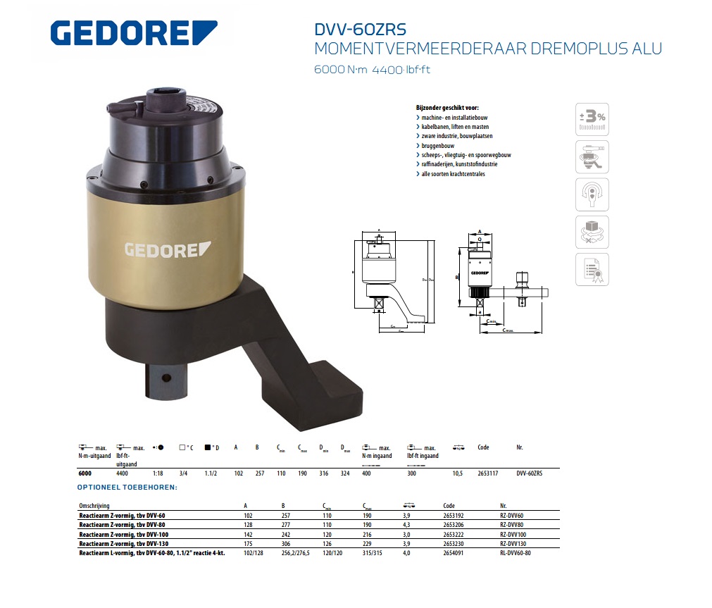 Gedore DVV-60ZRS Momentvermeerderaar DREMOPLUS ALU 6000 Nm