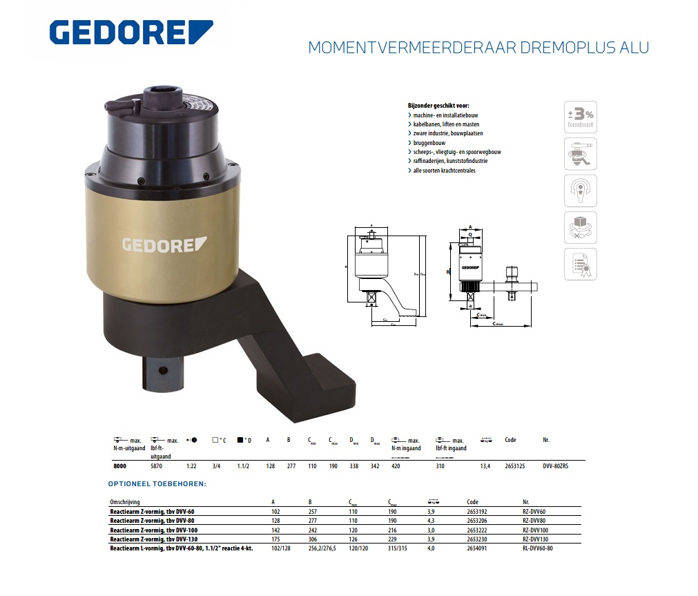 Gedore DVV-80ZRS Momentvermeerderaar DREMOPLUS ALU 8000 Nm