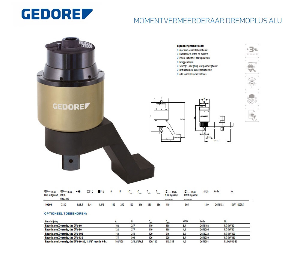 Gedore DVV-130ZRS Momentvermeerderaar DREMOPLUS ALU 13000 Nm