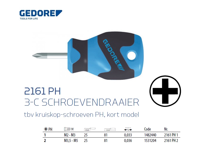 3-C Schroevendraaier kort model PH 1 Gedore 1482440