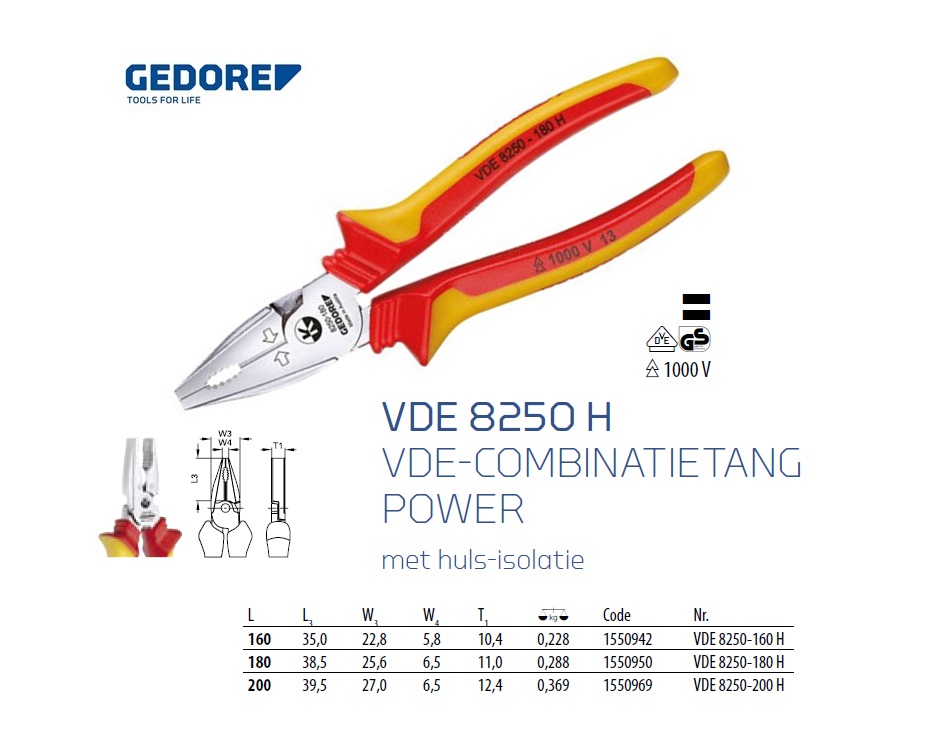 VDE-Combinatietang POWER met huls-isolatie 160 mm