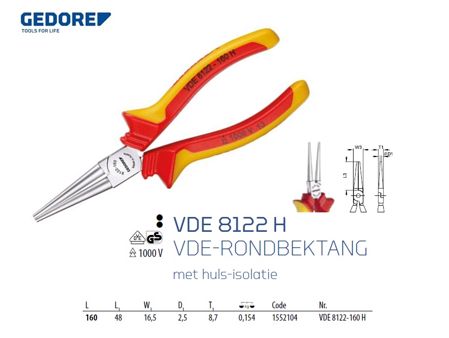 VDE-Rondbektang met huls-isolatie Gedore 1552104