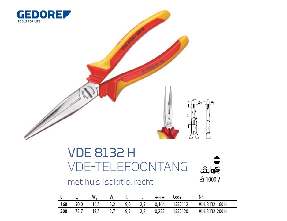 VDE-Telefoontang met huls-isolatie 160 mm Gedore 1552112