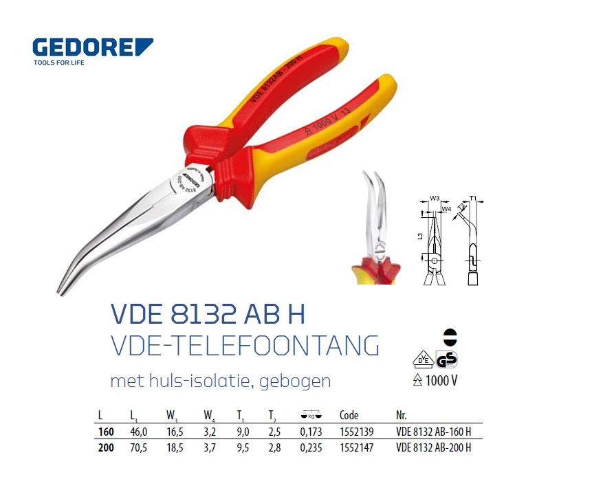 VDE-Telefoontang 160 mm Gedore 1552139