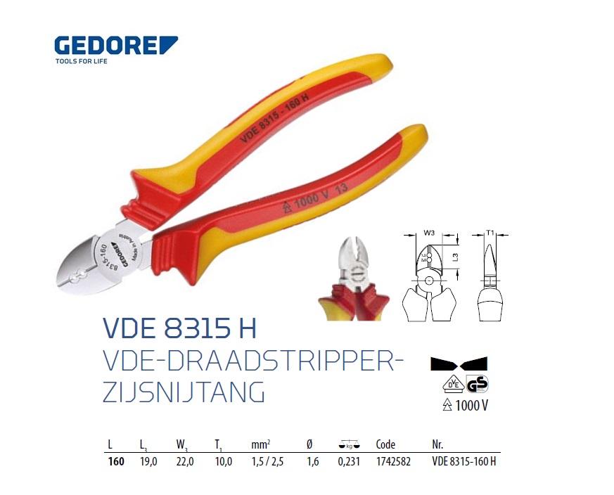 VDE-Draadstripper-zijsnijtang 160 mm Gedore 1742582