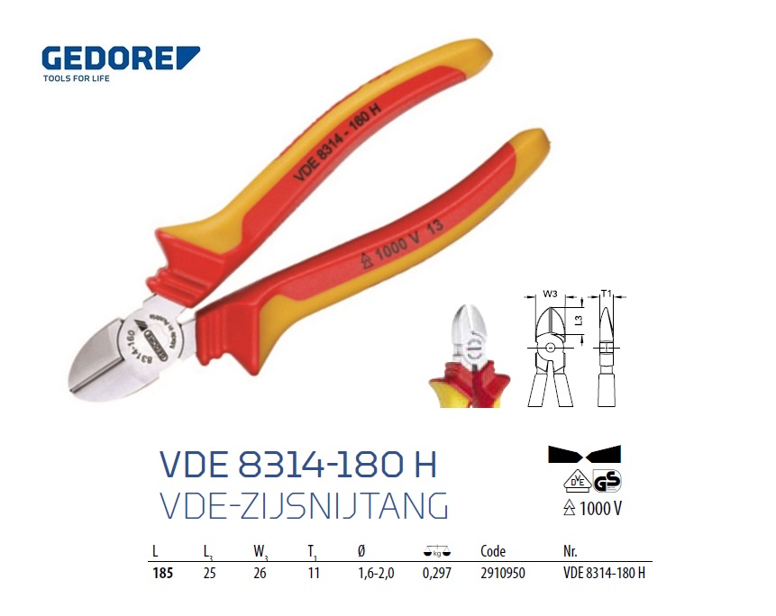 VDE-Zijsnijtang 180 mm Gedore 2910950