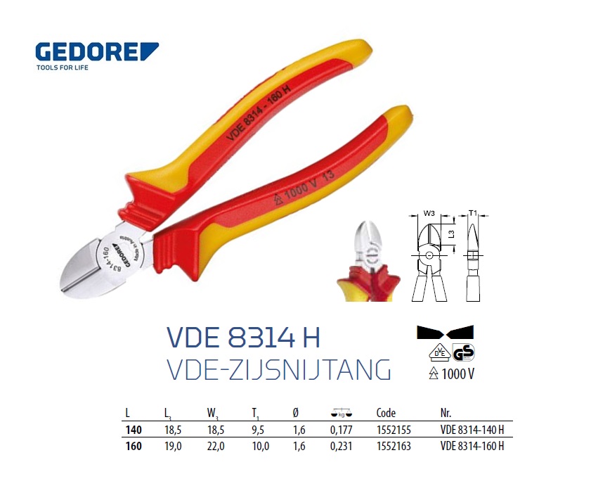 VDE-Zijsnijtang 140 mm Gedore 1552155