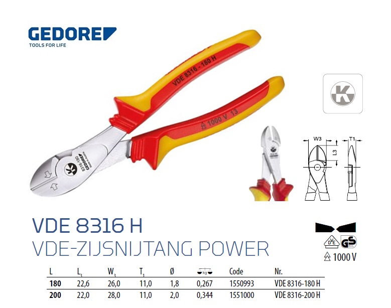 VDE-Zijsnijtang POWER 180 mm Gedore 1550993