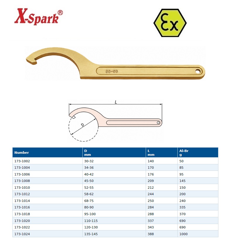 Non-Sparking Hook + Pin Spanner 12-14mm Al-Bron