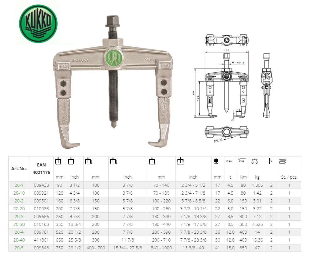 KUKKO Universele poelietrekker tweearmig met lange hydraulische spindel 160x150mm | DKMTools - DKM Tools