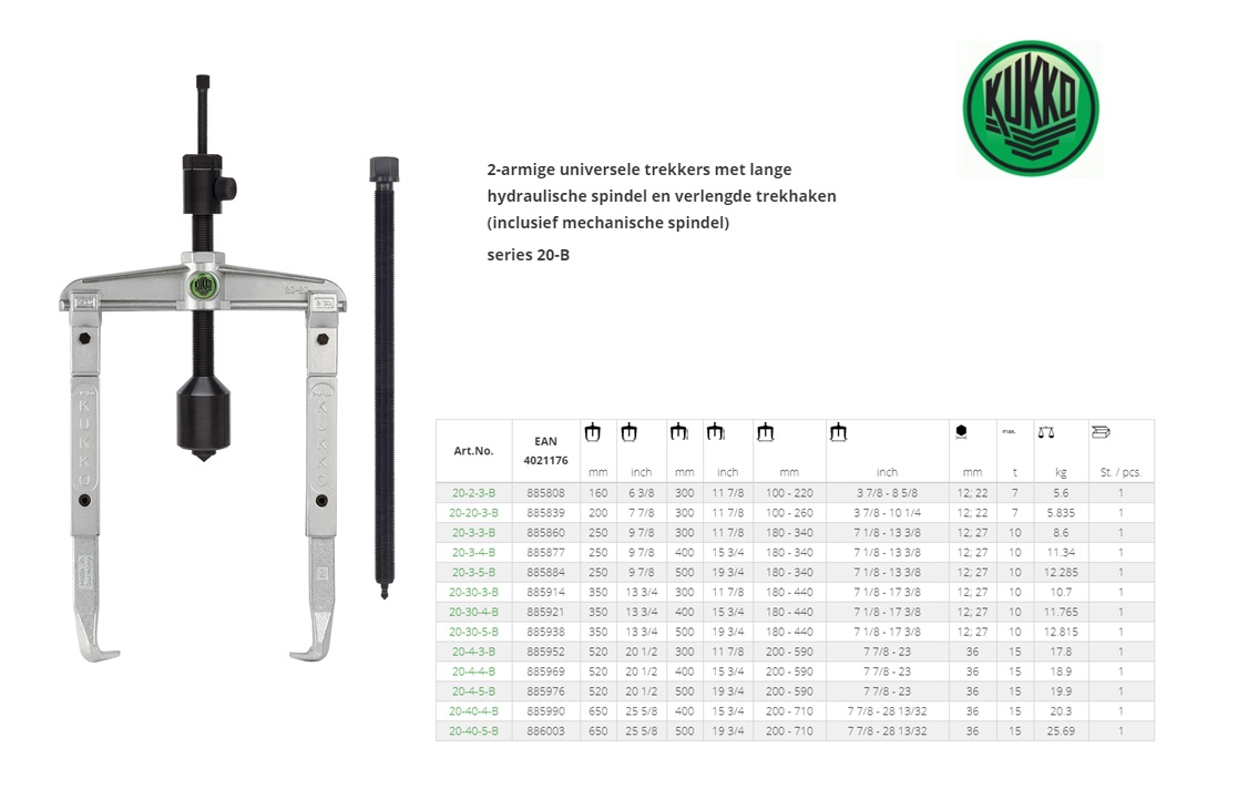 KUKKO Universele poelietrekker tweearmig met lange hydraulische spindel 160x300mm